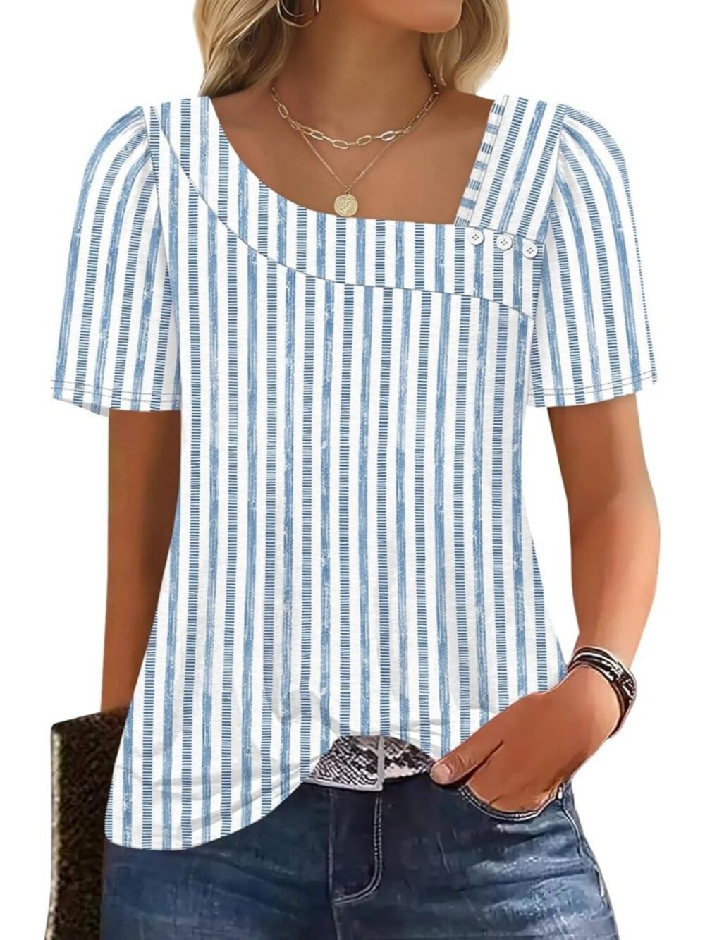 Women's Stripes Blue Square Neck Blouse Summer Short Sleeve Outfit Spring Top